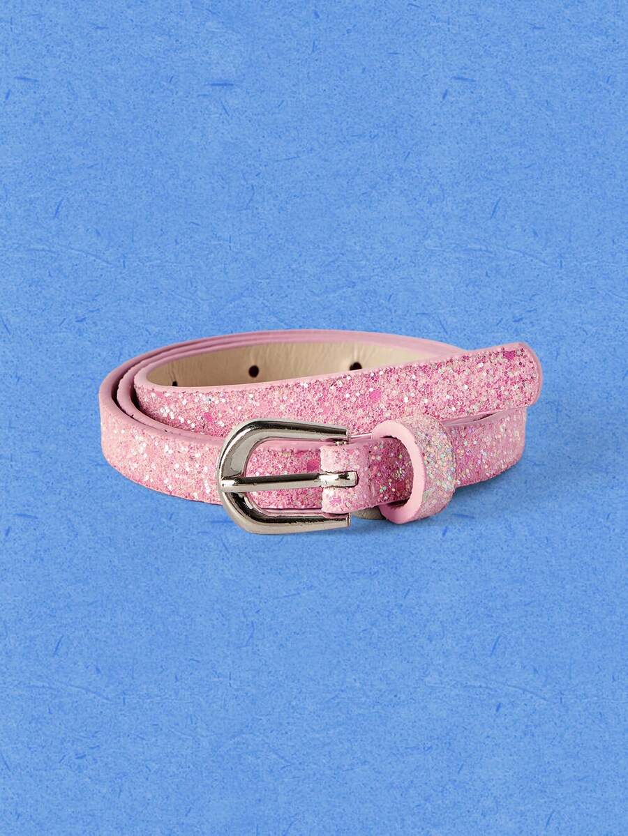 Popjeli Pink Glitter Sequin Thin Waist Belt - Pink - View 1