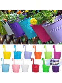 1/3/5pcs Metal Bucket Planters - Rustic Balcony Wall-Mounted Flower Pots With Handles, Garden Decor, Suitable For Indoor And Outdoor Use - Multicolor - View 2
