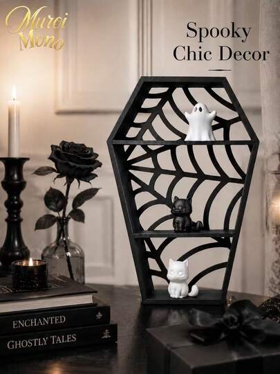 Muroi Mono Gothic‑Style Coffin‑Shaped Display Shelf Features Hollow Spider‑Web Cutout Design With Two‑Tier Storage Space. It Holds Mini Figurines And Tiny Decorative Ornaments Neatly. Suitable For Desktop Arrangement, Halloween Party Decoration