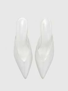 CUCCOO BIZCHIC White Glossy V-Shaped Qu Notched Pointed Mules High Heels, No Rear Helper, Special-Shaped Thin Heels For Commuting, Mules Women's Shoes - White - View 2