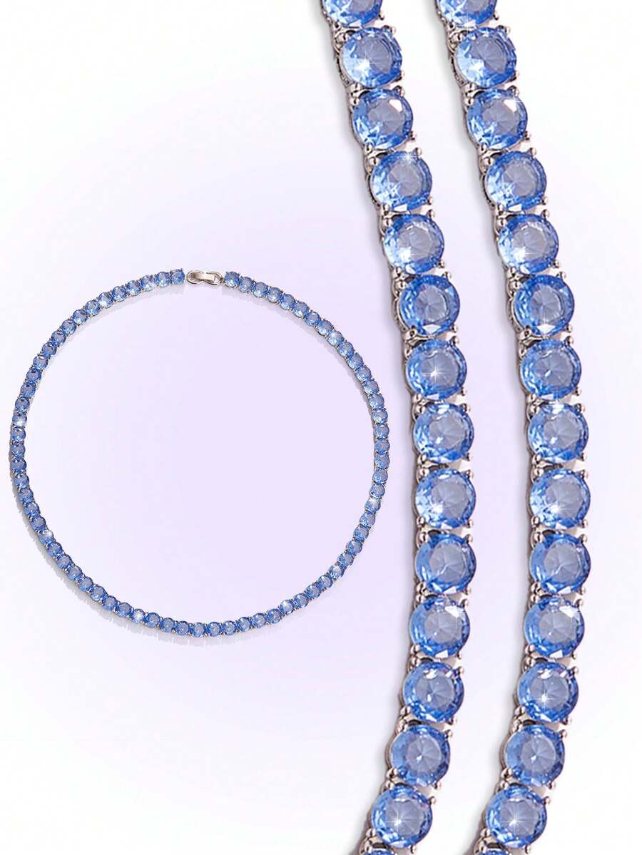 Popjeli Women's Light Blue Tennis Chain Necklace Full Round Sparkling Adjustable Necklace For Party Daily Jewelry - Light blue tennis chain necklace - View 1