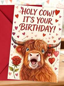 1件幽默高地牛「Holy Cow! It's Your Birthday!」生日卡，附信封，高級啞光紙，可愛高地牛與愛心插圖，適合牛迷的理想趣味生日卡 - 多色 - 查看 2