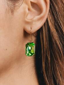 Popjeli 18k Gold-Plated Exaggerated Diamond-Set Square Green Light Luxury High-End Earrings - Green - View 1