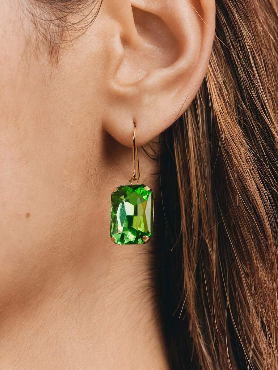 Popjeli 18k Gold-Plated Exaggerated Diamond-Set Square Green Light Luxury High-End Earrings - Green - View 1