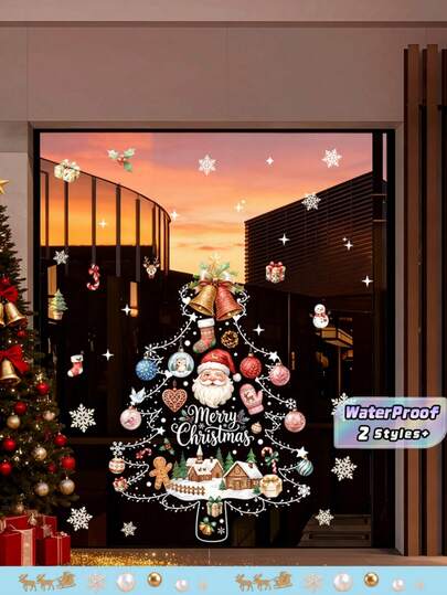 Christmas Tree Window Clings, Santa Snowflake Xmas Static Window Stickers, Merry Christmas Decals For Home Shop Window Glass Holiday Party Decorations