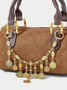 SHECARRY 1pc Vintage Coin Tassel Metal Bag Chain, Bohemian Style Accessory For Vacation, Party - Gold - View 2