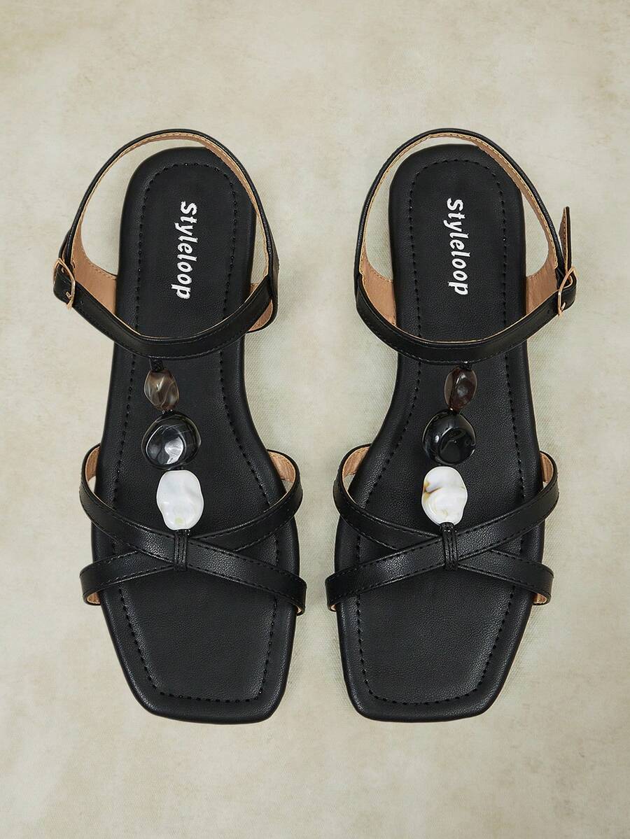 Styleloop Women Shoes Spring And Summer New Multi-Color Cross Belt Asymmetric Imitation Stone Saddle Belt Flat Sandals Retro Casual Style, Suitable For Daily Commute - Black 1 - View 1