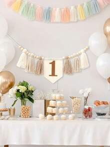 1PC First Birthday High Chair Banner Tassel Flower Garland Boho Style Party Decor Khaki Blue Gray Green Brown Wild Tassel Garland - View 4