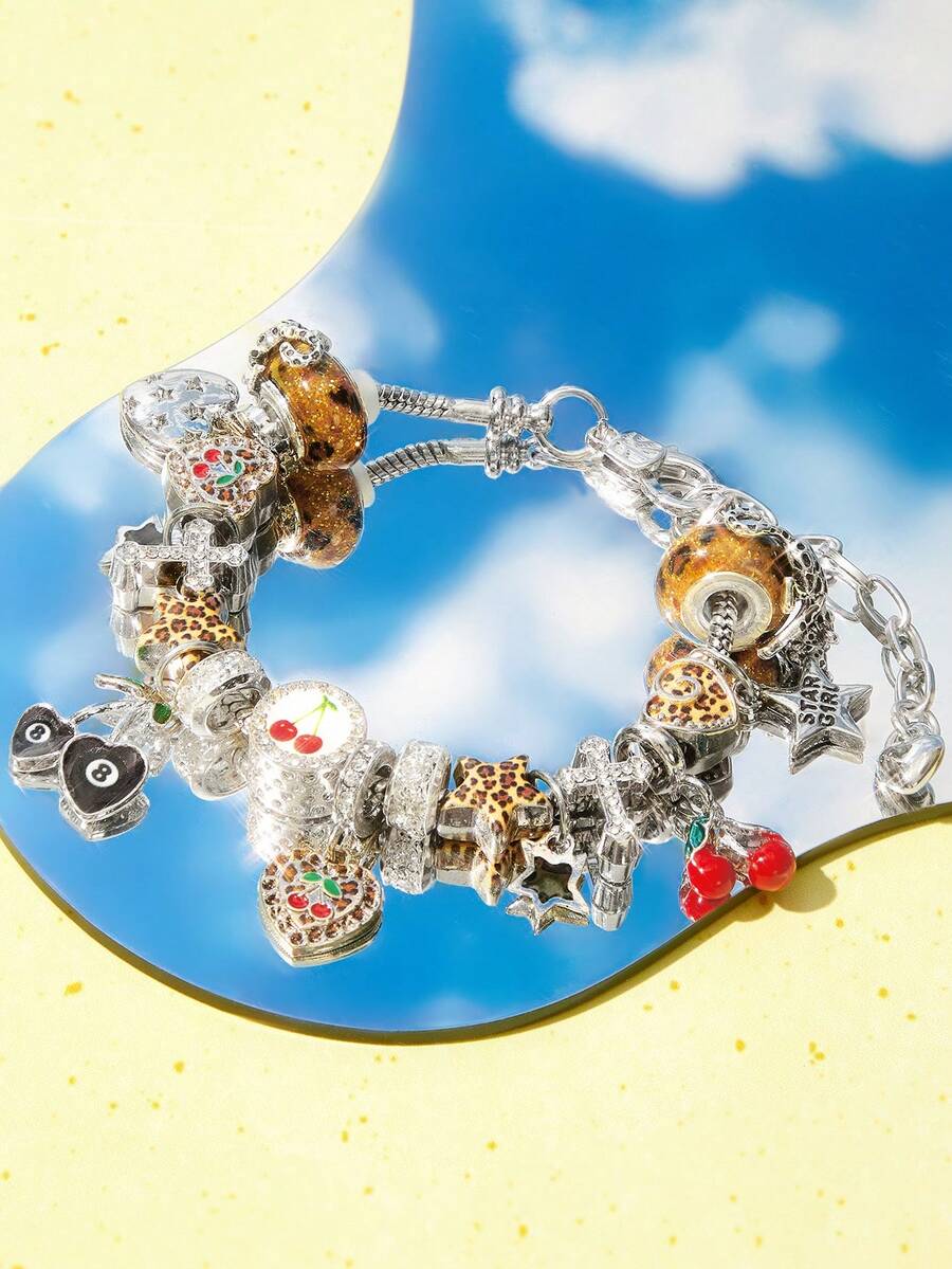 Popjeli Gelang Motif Leopard dan Cherry Charm 1, Gelang DIY Retro Cinta untuk Gadis Bintang - Perak - View 1