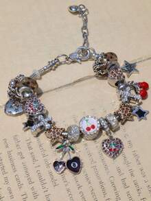 Popjeli Gelang Motif Leopard dan Cherry Charm 1, Gelang DIY Retro Cinta untuk Gadis Bintang - Perak - View 14