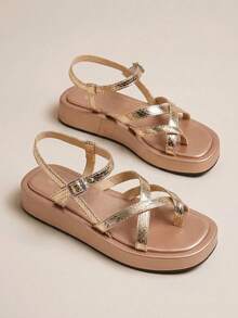 HighSole Spring And Summer New Multi-Belt Cross Back Buckle Design Open Platform Simple Versatile Style Champagne Women's Sandals Daily Commuting Shopping Wear - Champagne - View 8