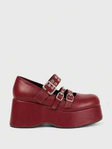 Sugerpunk Ladies, Spike Buckles, Lame-Heeled Platform Sandals. - Burgundy - View 2