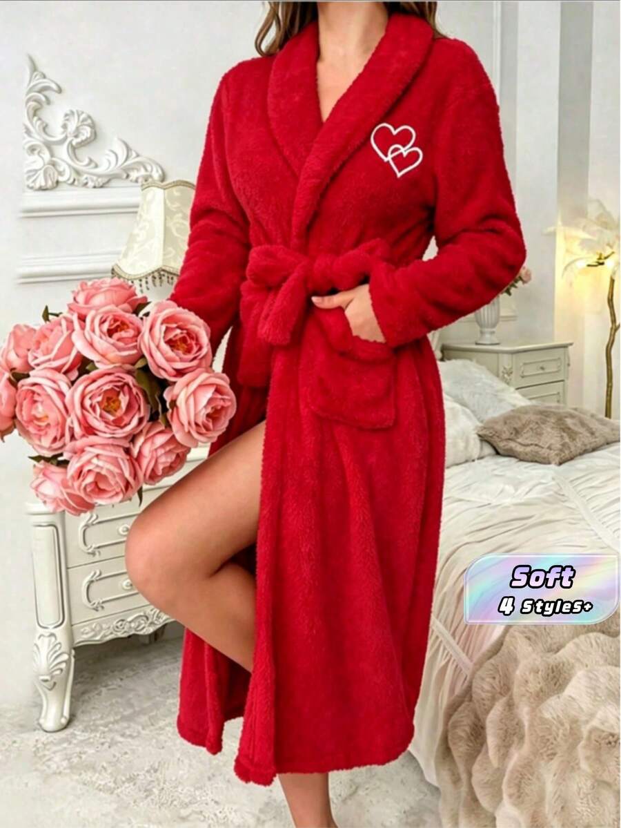 SweetSlumber 女款軟心刺繡毛絨睡袍，粉色，適合青少年女孩，秋冬居家服，舒適優雅細節，蓬鬆保暖