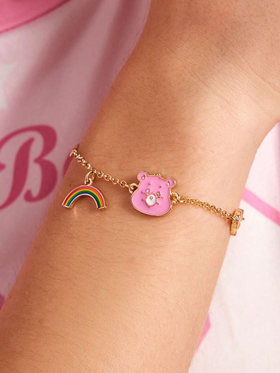 SHEIN X Care Bears 時尚可愛甜美銀色鋅合金卡通鏈條手鍊,適合日常配戴、節慶,彩虹、愛心、熊圖案 - 彩色 - 查看 1