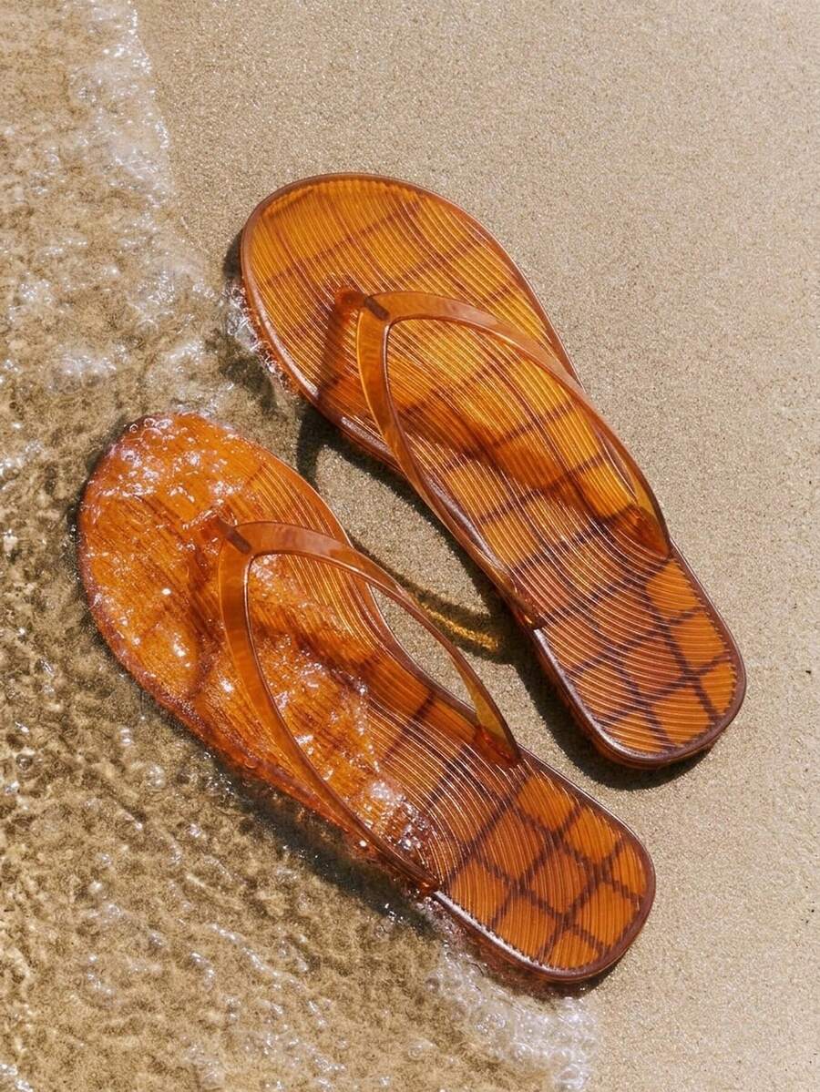 Grefit Spring And Summer New Round Toe Flat Bottom Casual Vacation Simple Transparent Brown Flat Bottom Sandals Slippers Women's Flip-Flops - transparent brown - View 1