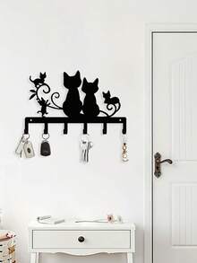 Black Cat Metal Wall Key Holder, Cat Silhouette Wall-Mounted Key Hook Rack, Decorative Metal Key Hanger For Entryway, Living Room, Bedroom, Apartment, Office, Exquisite Home Decor - Black - View 3