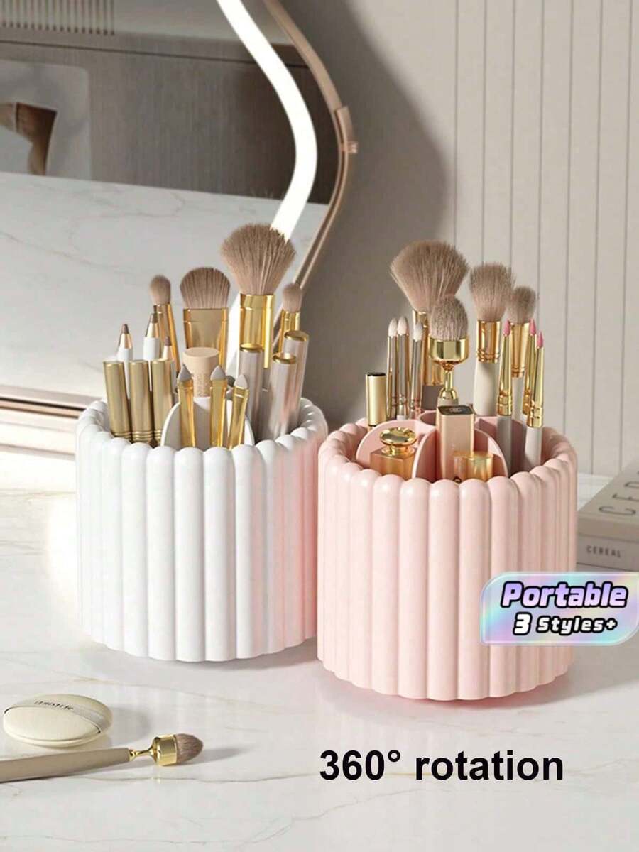 1pc Large Capacity Rotating Makeup Brush Holder Storage Box Multi Functional Space Saving Desktop Cosmetic Organizer Solid Color Cosmetic Storage Case For Vanity Table Bedroom Gift Giveaways Makeup Accessories Display Container - Multicolor - View 1