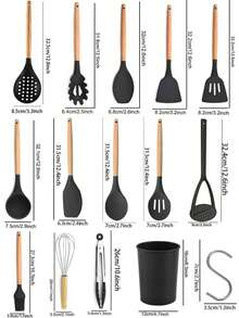 Haus Hana Silicone Kitchenware 24-Piece Wooden Handle Kitchen Silicone Set Shovel Spoon With Storage Barrel Non-Stick Non-Slip Kitchen Cooking Tools Combination Home. - Black - View 7
