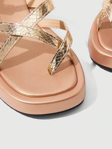 HighSole Spring And Summer New Multi-Belt Cross Back Buckle Design Open Platform Simple Versatile Style Champagne Women's Sandals Daily Commuting Shopping Wear - Champagne - View 6