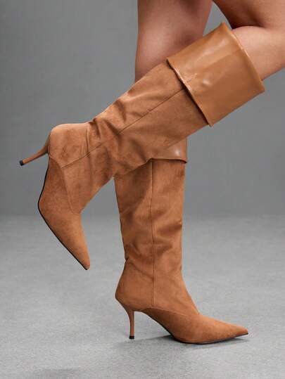 CUCCOO SZL Black Folded Pointed Thin Heel High Boots Women, Autumn And Winter New Splicing Suede But Knee Boots Black Folded Thin Heel Boots, Pointed High Heel C