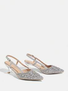 CUCCOO TILAWA Sandalias de novia de tacón alto con puntera puntiaguda y adornos de cristal, plateado para Año Nuevo, Día de San Valentín - Plateado - Ver 6