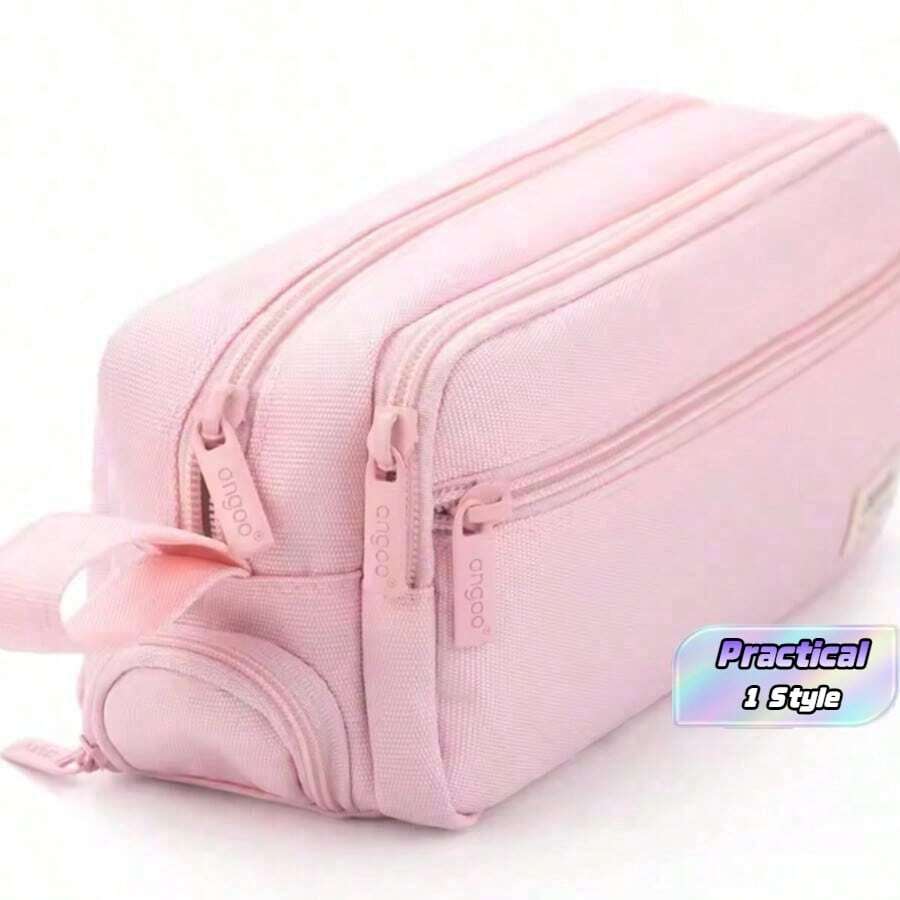 Large Capacity Pencil Bag With Zipper, Multi-Section Portable, Waterproof And Durable For Stationery Storage, School Ready - 1pc Pink - View 1