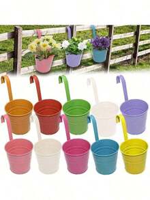 1/3/5pcs Metal Bucket Planters - Rustic Balcony Wall-Mounted Flower Pots With Handles, Garden Decor, Suitable For Indoor And Outdoor Use - Multicolor - View 10