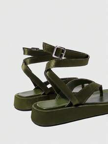 HighSole 春夏新款雙帶後扣設計厚底簡約百搭女款涼鞋，適合日常通勤與購物穿著 - 墨綠色 - 查看 9