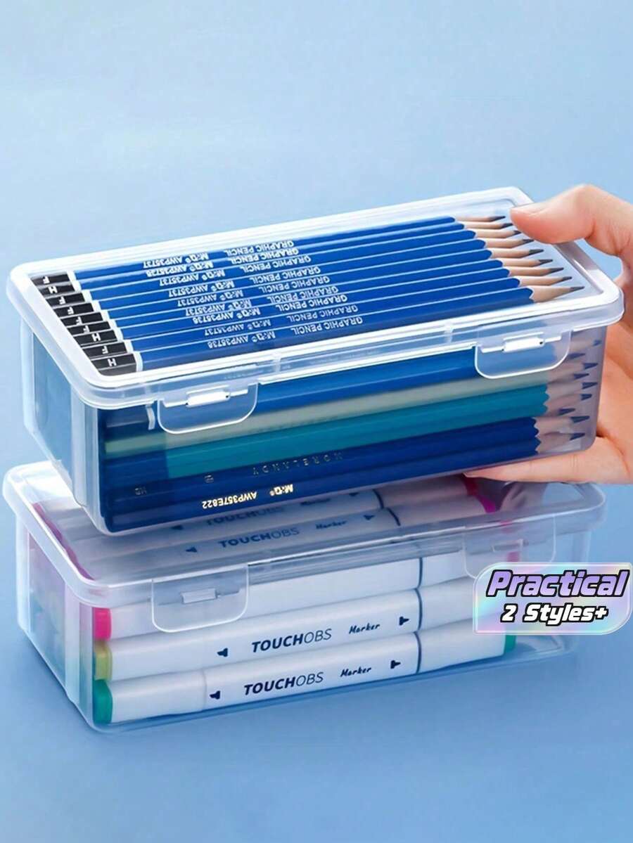 2pcs Large Capacity Transparent Storage Box, Pencil Crayon Stationery Memo Organizer, DIY Craft Tool Box, Office School Desktop Drawer Storage Supplies, Back To School Essentials - multicolor - View 1