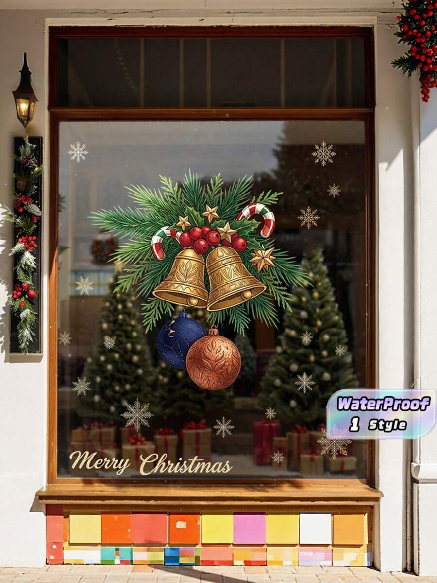 Stiker Jendela Statis Lonceng Emas Natal, Stiker Kaca Ranting Pinus, Permen Tongkat, dan Kepingan Salju Selamat Natal, Stiker Elektrostatis yang Dapat Digunakan Kembali untuk Dekorasi Jendela Rumah dan Toko Liburan Natal - warna-warni - View 1