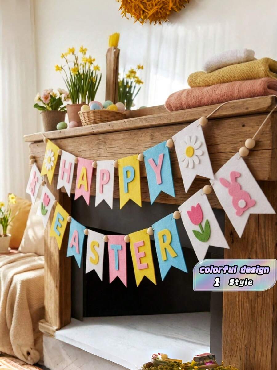 Set 2 Buah Banner Felt Paskah, Dekorasi Pesta Musim Semi Berwarna-warni dengan Kelinci, Tulip, dan Daisy, Tahan Lama dan Dapat Digunakan Kembali, Sempurna untuk Dalam dan Luar Ruangan, Perapian, Meja, Taman, Piknik, dan Perayaan Meriah - MultiWarna - View 1