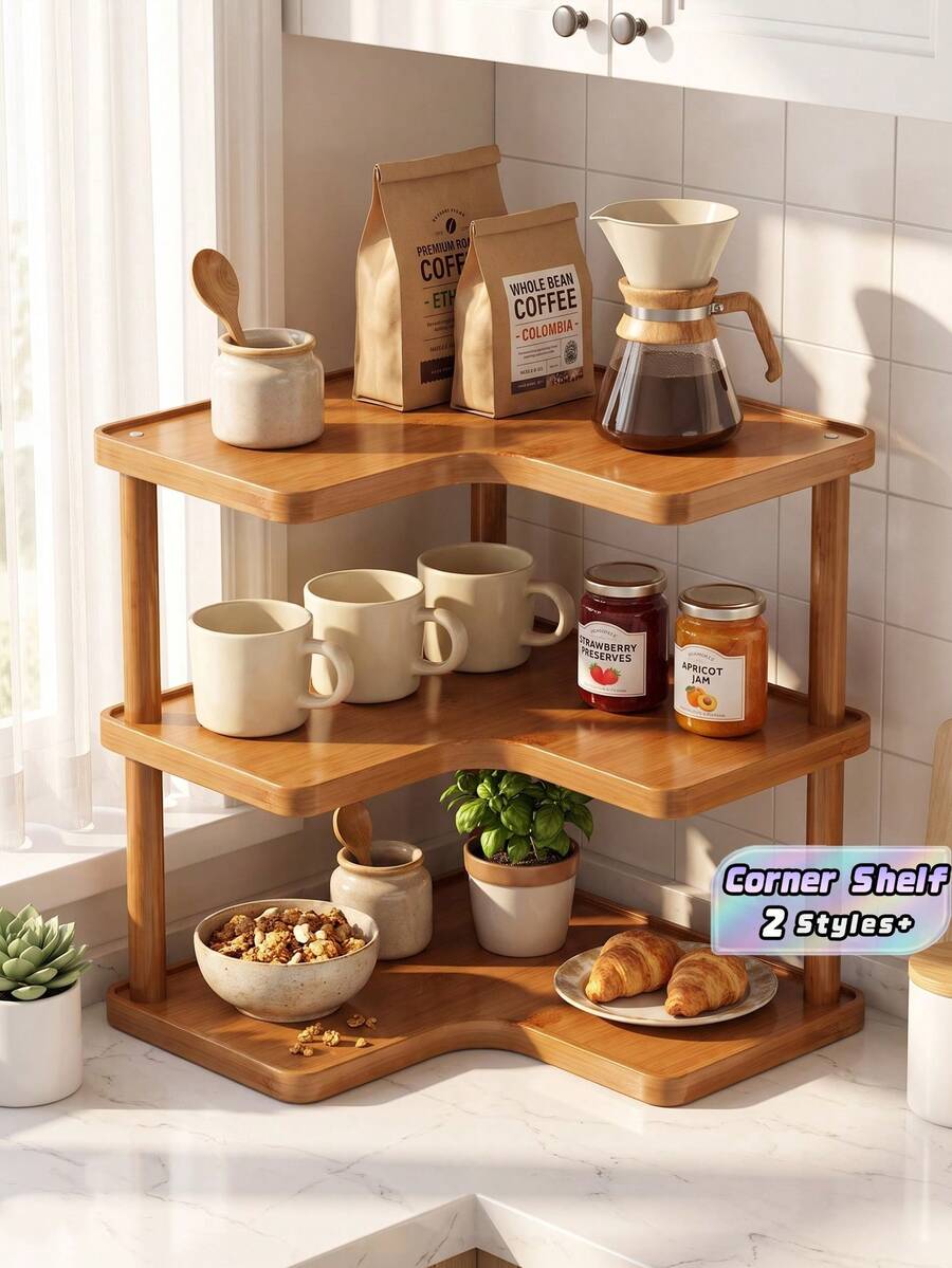 1 kệ góc lưu trữ nhiều tầng phong cách vintage bằng gỗ, kệ tổ chức góc bếp, giá đỡ cốc/ly/tách cà phê, kệ lưu trữ đa năng để bàn, kệ gia vị, kệ sách để bàn và kệ sắp xếp đồ gia dụng, phù hợp cho nhà bếp và văn phòng