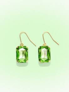 Popjeli 18k Gold-Plated Exaggerated Diamond-Set Square Green Light Luxury High-End Earrings - Green - View 2
