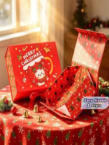 Caja de regalo plegable de una pieza con imán para Navidad, caja de embalaje de regalo festiva de Navidad, caja de envoltura de regalo de vacaciones con impresión de color - Multicolor - Ver 1