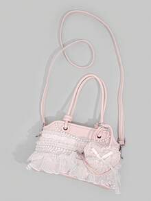 ROMWE Kawaii 1 Buah Tas Tangan Lucu Berenda dan Berkerut, Tas Selempang Gaya Preppy Y2K dengan Dekorasi Pita, Tas Modis untuk Pakaian Kembali ke Sekolah & Liburan - Berwarna merah muda - View 9