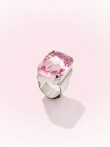 Popjeli Women's Adjustable Open Ring Emerald Cut Large Glass Stone Luxury Statement Ring For Women Party Daily Jewelry - Pink rectangular ring. - View 1