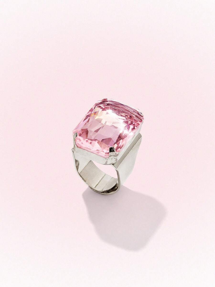 Popjeli Women's Adjustable Open Ring Emerald Cut Large Glass Stone Luxury Statement Ring For Women Party Daily Jewelry - Pink rectangular ring. - View 1