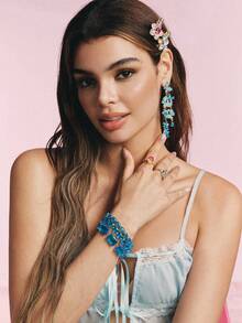 Popjeli Women's Tennis Chain Bracelet  Full  Crystal Stone Sparkling Bracelet For Daily Party Jewelry - Blue square imitation Swarovski crystal bracelet - View 3