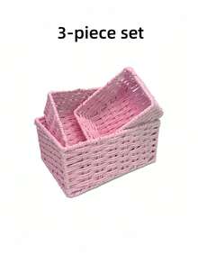 1/3PCS Retro Handmade Woven Sundries Storage Basket Natural Rattan Entryway Desktop Organizer Multi Purpose Snack Cosmetics Storage Box Household Organization Rustic Home Decor Gift Idea - Baby Pink - View 9