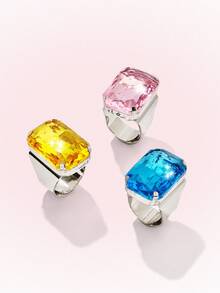 Popjeli Women's Adjustable Open Ring Emerald Cut Large Glass Stone Luxury Statement Ring For Women Party Daily Jewelry - Pink rectangular ring. - View 9