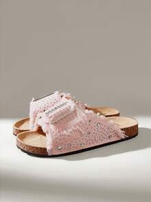 Solecia Ladies Summer Sandals, Open-Toed Flat-Bottomed Rhinestone Square Buckle Decorative Cork Bottom Casual Slippers Daily Beach Dual-Use - Pink - View 7