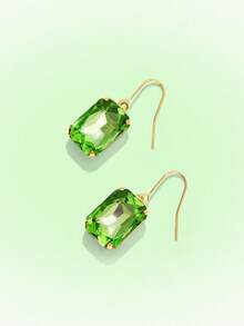 Popjeli 18k Gold-Plated Exaggerated Diamond-Set Square Green Light Luxury High-End Earrings - Green - View 4