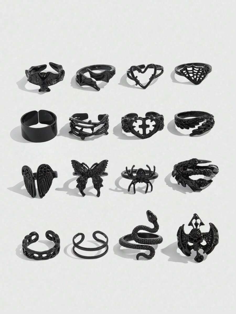 ROMWE Goth 16件裝暗黑龐克十字骷髏戒指,時尚個性魅力飾品,黑色開口戒指,節日禮物,萬聖節 - 黑色-16pcs - 查看 1