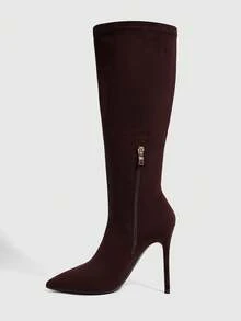 CUCCOO SZL Elegant Women's Pointed Toe Stiletto Heel Knee Boots In Dark Brown Faux Suede Fall Boots - Dark coffee - View 4