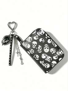 MortiRose 1pc Skull Pattern Litchi Texture Zipper Short Wallet, Punk Style Hanging Accessory, Multi-Function Coin Purse - Multicolor - View 12