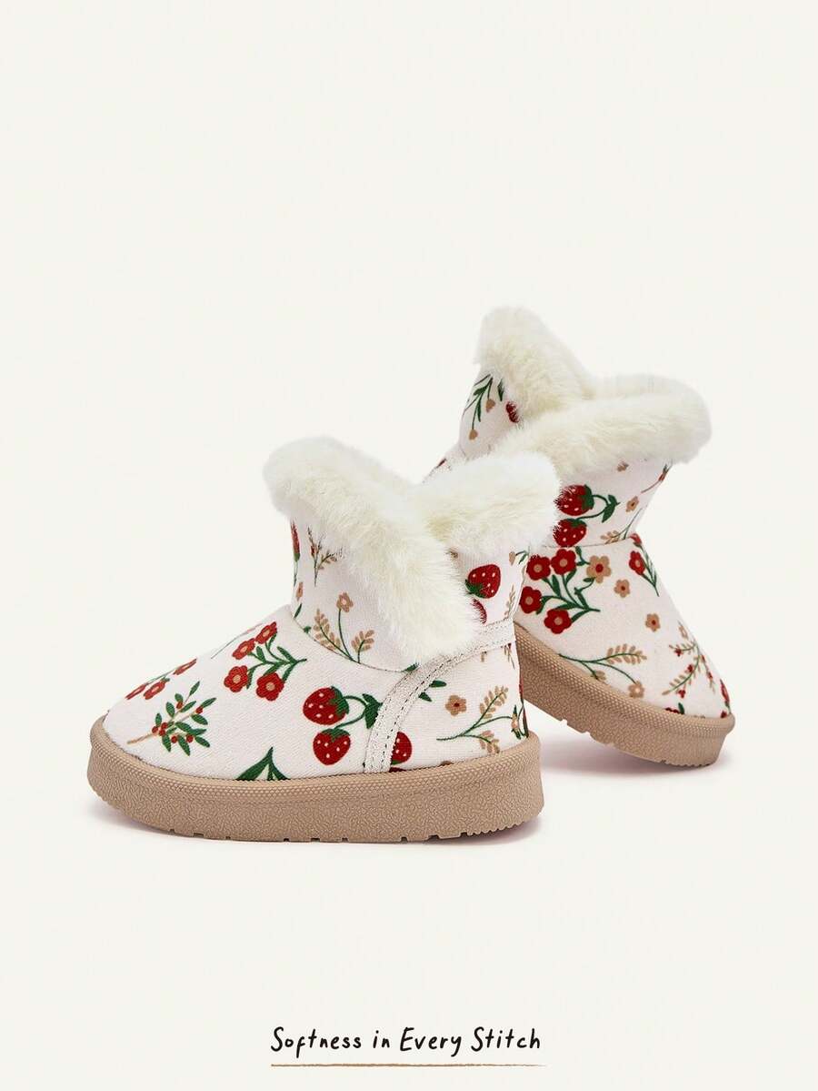 Cozy Pixies 女童米色可愛小花草莓卡通圖案毛絨時尚保暖舒適休閒雪地靴，適合冬季日常出行與戶外穿著 - 米色 - 查看 1