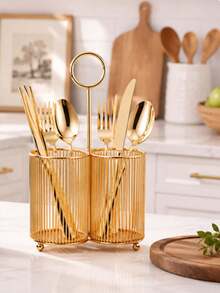 360 Degree Rotatable Design Space Saving Stable Base Multi Slot Kitchen Utensil Holder Rack For Spatulas Knives Spoons Forks Home Kitchen Housewarming Party Daily Use Storage Organizer For Kitchen Counter Decoration Supplies - Gold - View 4