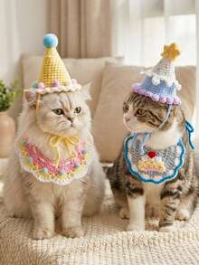 PETSIN 1SET Cute Pet Birthday Outfit Knit Hat Saliva Towel Puppy Birthday Photo Props - Multicolor - View 2