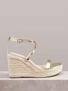Styleloop Sandalias de cuña de paja con correa trasera cruzada, adecuadas para uso en vacaciones, adecuadas para vacaciones en la playa, compras de verano y otras escenas - Dorado - Ver 2