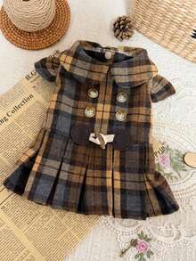 PETSIN Retro British Style Pet Plaid Dress Double Breasted Button Horn Buckle Pleated Skirt Autumn Winter Clothes For Small Dogs Cats - Brown - View 4